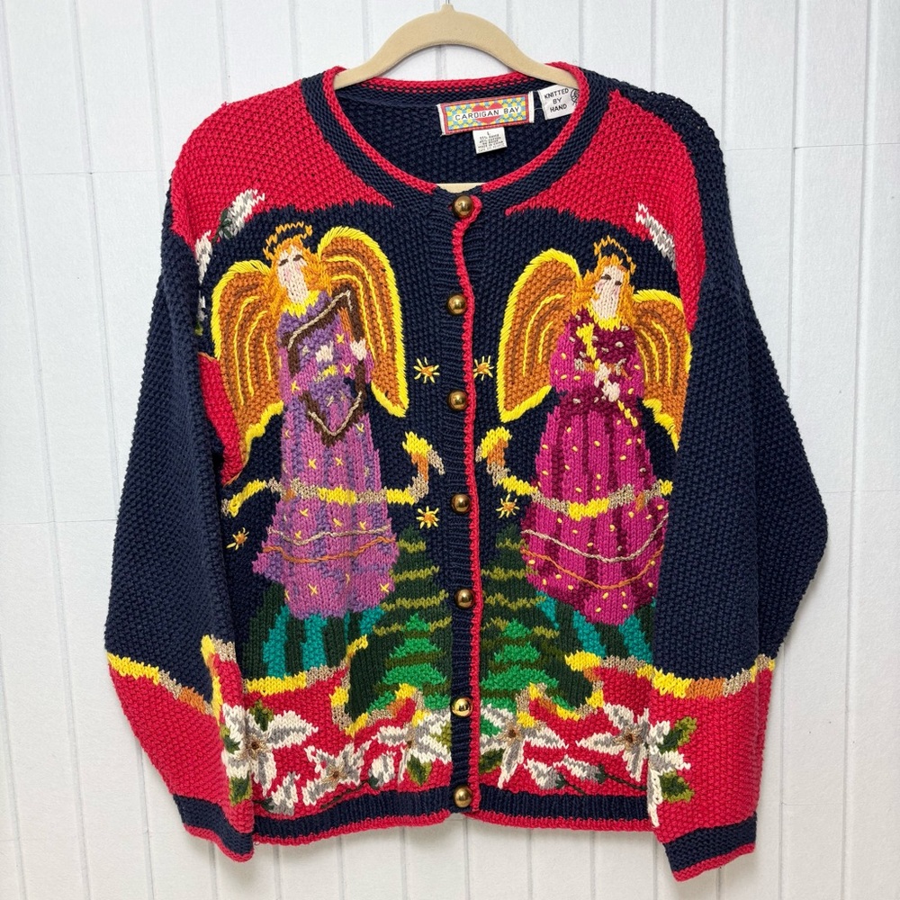 Cardigan Bay Vintage Angel Pattern Knitted by Hand Cardigan Christmas  Sweater L - Picture 2 of 12